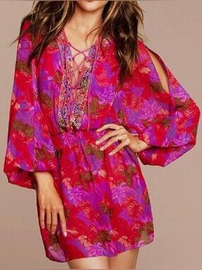 Moda International Pink & Red Floral Lace-Up Mini Cover Up Dress